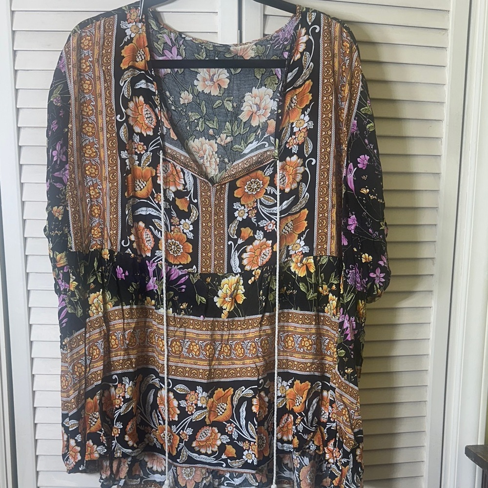 SHEIN Black Floral Tunic with Orange & Purple Accents